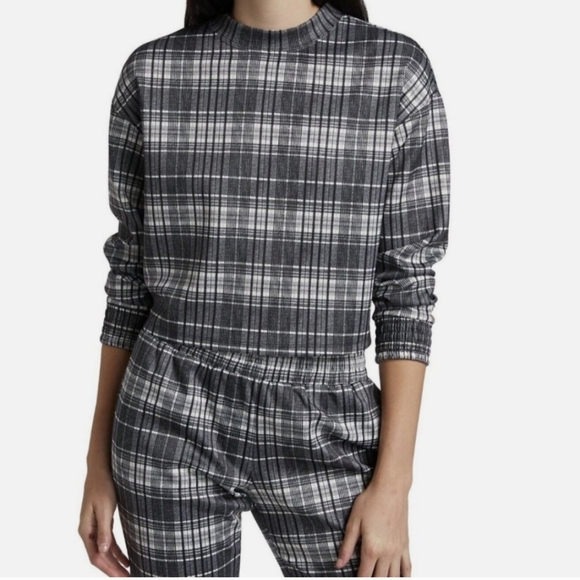 Alice + Olivia NWT Leslie Cropped Plaid Sweatshirt Pullover in Charcoal Size M - Picture 2 of 12